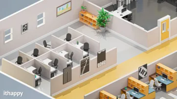 Private office cubicles and individual workspaces showing compartmentalized 3d office design with modern furniture and professional layout