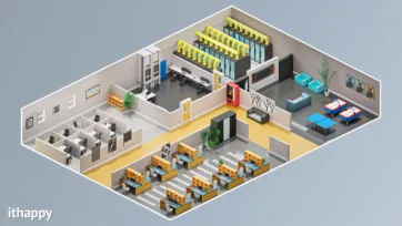 Modern tech office 3d model featuring server room with industrial equipment, recreational areas with table tennis and collaborative workspaces