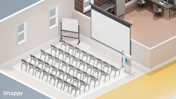 Large conference and presentation room featuring auditorium seating, projection screen and professional meeting facilities in 3d office room design