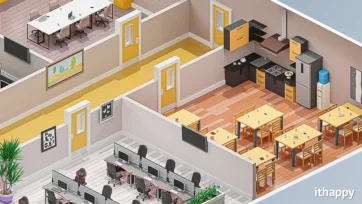 Professional office cafeteria and dining room 3d model with kitchen facilities, multiple dining tables and employee break space in low poly style