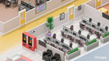 Office break area with vending machines, comfortable seating and open workspace featuring gaming chairs and modern 3d office unity design elements