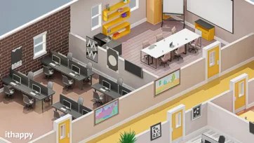 Executive meeting room and workstation area within larger office 3d model, featuring brick walls, presentation equipment and professional furniture arrangement