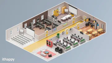 Comprehensive 3d office floor plan showing multiple departments including auditorium, break areas, private offices and open workspaces in detailed isometric view