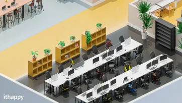 Open plan office workspace with gaming chairs and dual monitor setups, featuring wooden storage units with plants for a productive 3d office environment