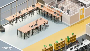 Modern collaborative workspace featuring bar-height standing tables with stools and gaming chairs, perfect for team meetings and casual work sessions in low poly office design