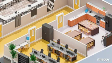 Modern office kitchen and break area 3d model featuring full cooking facilities, dining spaces and employee relaxation zones