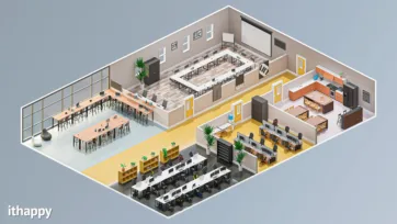 Open collaborative office workspace 3d floor plan with cafeteria seating, team work areas and flexible meeting spaces in low poly design