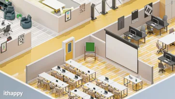 Professional conference room and training area within larger office 3d model, showing classroom-style seating and presentation equipment setup
