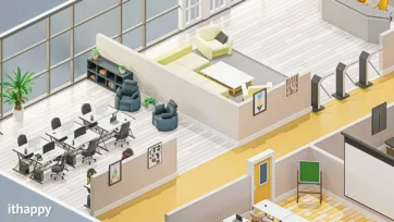 Sophisticated 3d office floor plan featuring executive lounge area with comfortable seating, work desks and professional meeting spaces