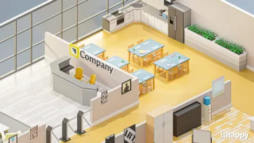 3d office unity model showcasing employee break room and dining area with kitchen facilities, seating arrangements and modern office amenities