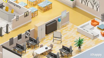 Close-up view of office 3d model workspace showing computer workstations, filing cabinets, water cooler and modern office furniture arrangement