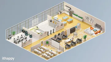 Detailed 3d office room model featuring reception area, open workspace with desks, meeting zone and break room in clean low poly aesthetic