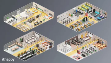 Comprehensive low poly office 3D model asset library featuring furniture, decorations, materials and color palettes for creating modern office environments in Unity and other 3D applications