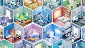 Colorful isometric hospital 3d interior featuring multiple medical rooms with equipment and low poly assets
