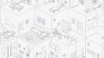 Detailed isometric wireframe of hospital room 3d model showing medical equipment and interior layout
