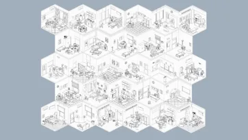 Isometric wireframe view of hospital 3d building layout showing medical facility interior design structure