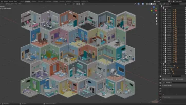 Blender viewport displaying hospital 3d interior rooms with medical equipment and furniture assets