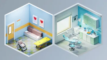 Specialized hospital 3d models showing rehabilitation room with mobility equipment and professional dental clinic interior with treatment chair and medical storage