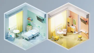 Comprehensive hospital 3d interior design featuring comfortable patient ward with entertainment system and bright consultation room with medical examination furniture