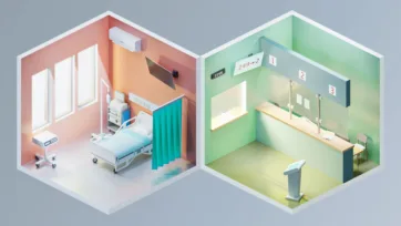 Hospital room 3d model with patient bed and medical equipment alongside modern reception area with numbered patient queuing system and consultation desk