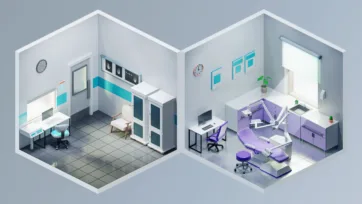 Professional hospital 3d models featuring radiology examination room with medical imaging equipment and modern dental clinic with specialized treatment chair and cabinetry