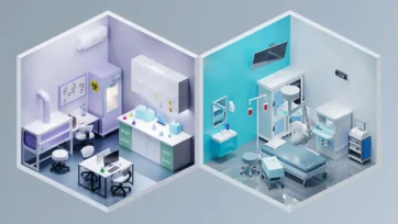 Advanced hospital 3d interior showcasing medical laboratory with biohazard equipment and fully equipped operating theater with surgical lighting and monitoring systems