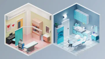 Modern hospital room 3d model and dental office interior featuring medical examination equipment, patient bed, dental chair, and professional healthcare furniture in detailed low poly design
