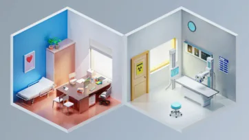 Advanced hospital 3d interior featuring radiology examination rooms and medical consultation areas with detailed diagnostic equipment and patient care facilities