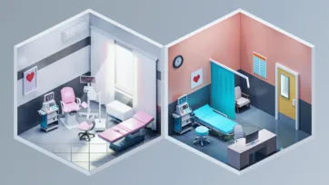 Hospital reception area and medical examination room 3d models showcasing patient registration desk and clinical examination space with modern hospital interior design