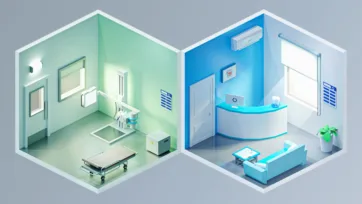 Hospital examination room and dental clinic 3d interior featuring medical workstations, patient areas, and specialized healthcare equipment in professional low poly style