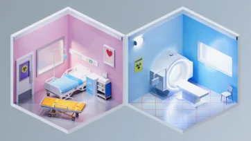 Hospital room 3d model paired with advanced MRI scanning suite featuring detailed medical equipment and patient care facilities in isometric hospital interior