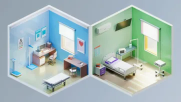Doctor consultation office and hospital room 3d model with medical examination equipment, patient bed, and professional healthcare furniture in detailed low poly design