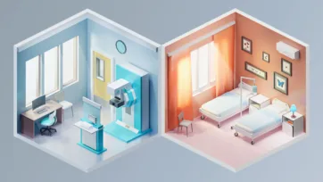 Specialized hospital 3d interior design showing mammography suite and comfortable patient recovery room with medical equipment and modern furnishings