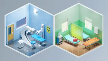 Modern hospital room 3d model featuring radiology equipment and multi-bed patient ward with detailed medical furniture and equipment in isometric view