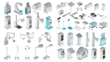 Professional hospital 3d assets collection showcasing medical equipment including MRI machines, surgical lights, hospital beds, monitors, and diagnostic devices in low poly style
