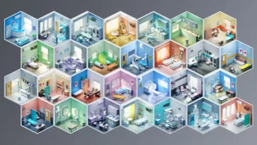 Comprehensive 3d hospital model featuring multiple isometric medical rooms including patient wards, operating theaters, radiology suites, and diagnostic areas with detailed low poly interior design