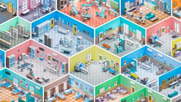 Vibrant isometric 3d hospital models showing multiple hospital rooms with medical equipment and hospital bed arrangements