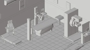 Close-up isometric 3d model of hospital room featuring hospital bed and medical equipment for healthcare visualization