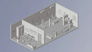 Isometric view of detailed 3d hospital interior with medical equipment, hospital bed and clinical room layout