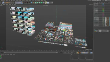 Cinema 4D viewport displaying detailed 3d hospital interior models and medical equipment assets for architectural visualization