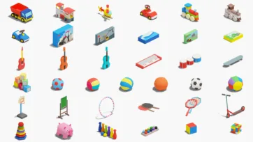 Children toys and games 3d models featuring vehicles, musical instruments, sports balls and educational toys
