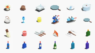Kitchen utensils and cookware 3d models including pots, pans, bottles and cooking tools for interior scenes