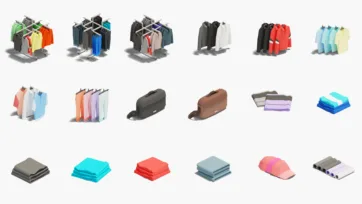 Clothing racks and textile 3d assets featuring hanging garments, folded clothes and wardrobe organization models