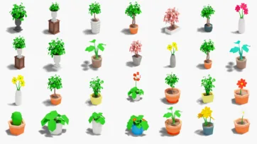 Decorative potted plants and flowers 3d models with various containers for interior and hospital 3d models scenes