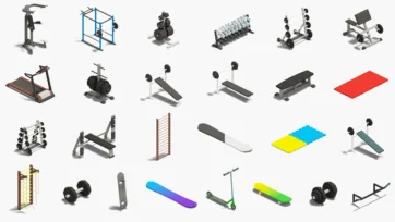 Complete gym and fitness equipment 3d models collection with weights, benches, exercise machines and workout accessories