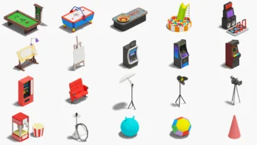 Entertainment and gaming 3d furniture models featuring pool table, arcade machines, photography equipment and seating