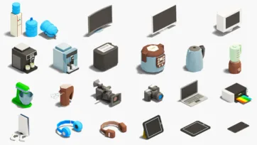 Kitchen appliances and electronics 3d models collection with coffee makers, laptops, tablets and water dispensers