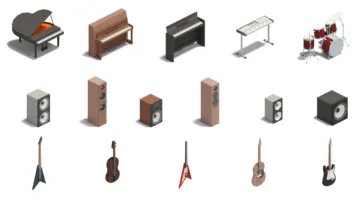 Professional musical instruments 3d models including piano, guitars, drums and speakers for music studio scenes