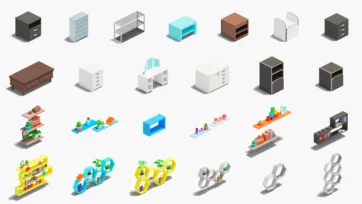 Modern 3d storage and shelving assets with colorful organizational furniture models for architectural visualization