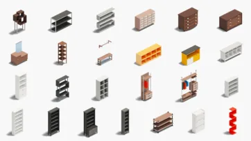 Isometric 3d furniture models collection featuring storage units, shelving, drawers and office cabinets for interior design